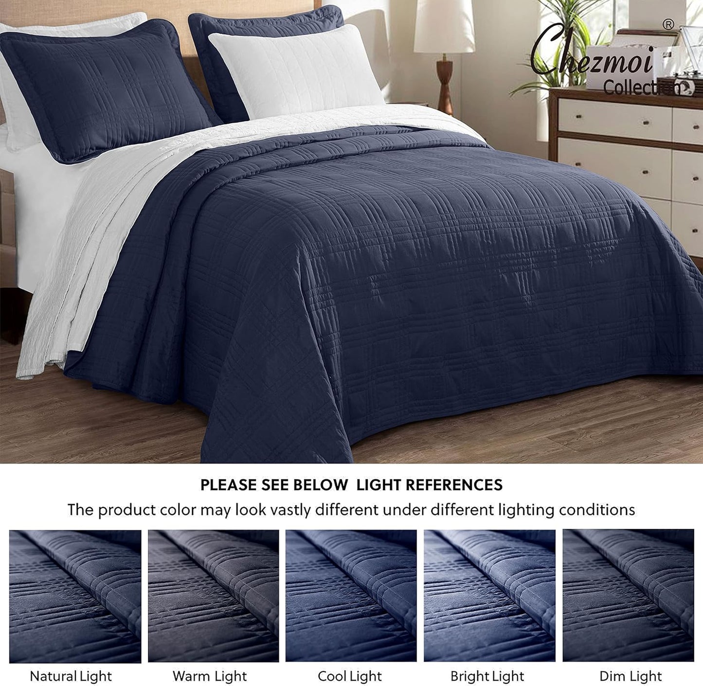 Kingston 3-Piece Navy Queen Size Quilt Set - Lightweight All Season Bed Coverlet Oversized Queen Bedspread 100" X 106"