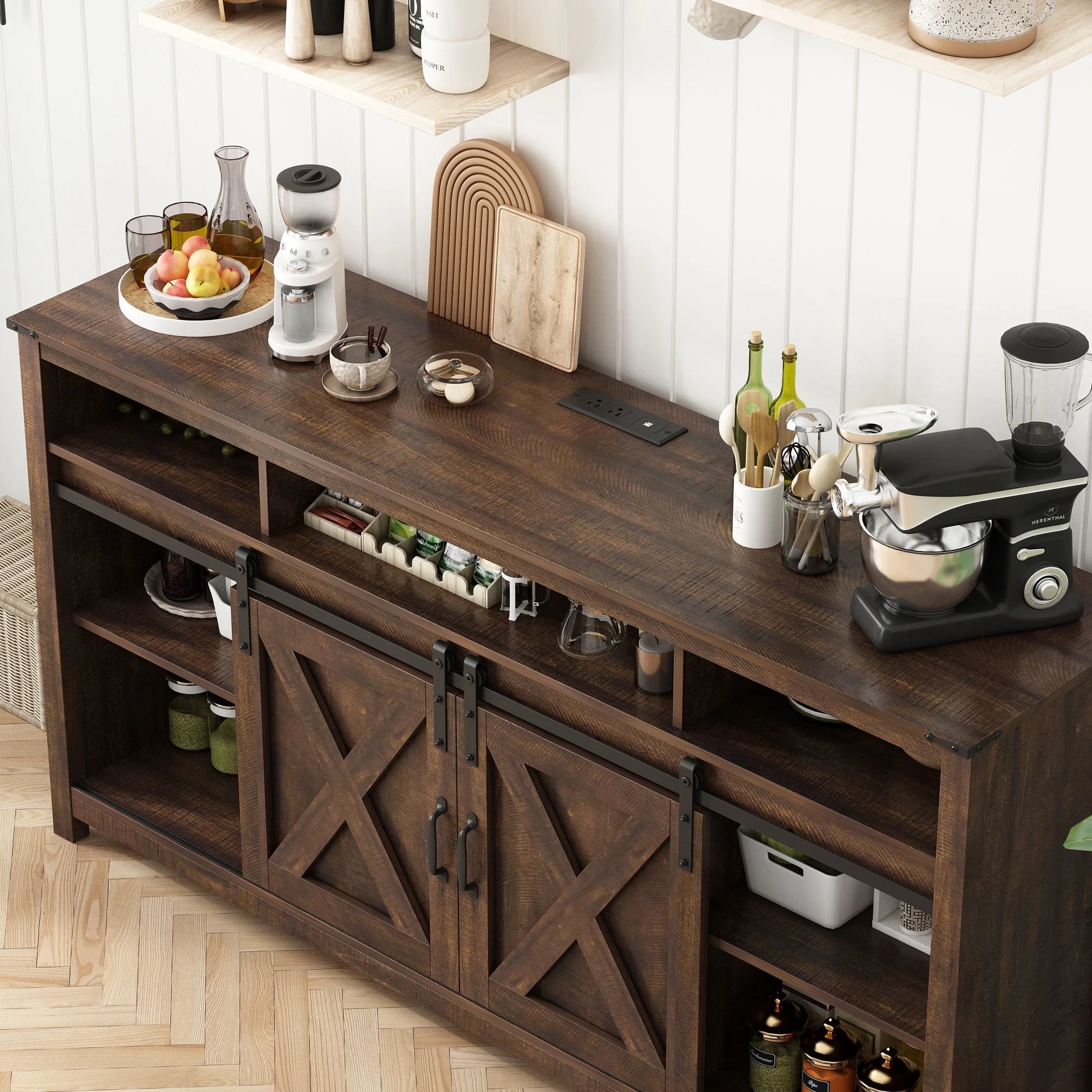 61.5" Farmhouse Coffee Bar Cabinet with LED Light & Power Outlets, Barn Door Sideboard Buffet Cabinet with 4 Tier Storage