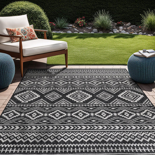 Boho Indoor Outdoor Rug Bohemian Outdoor Rug Farmhouse Rugs for Living Room Moroccan Rug Easy Clean Geometric Rug Trellis Rug Outdoor Carpet Area Rug 5X7 for Patio, Backyard Black / White