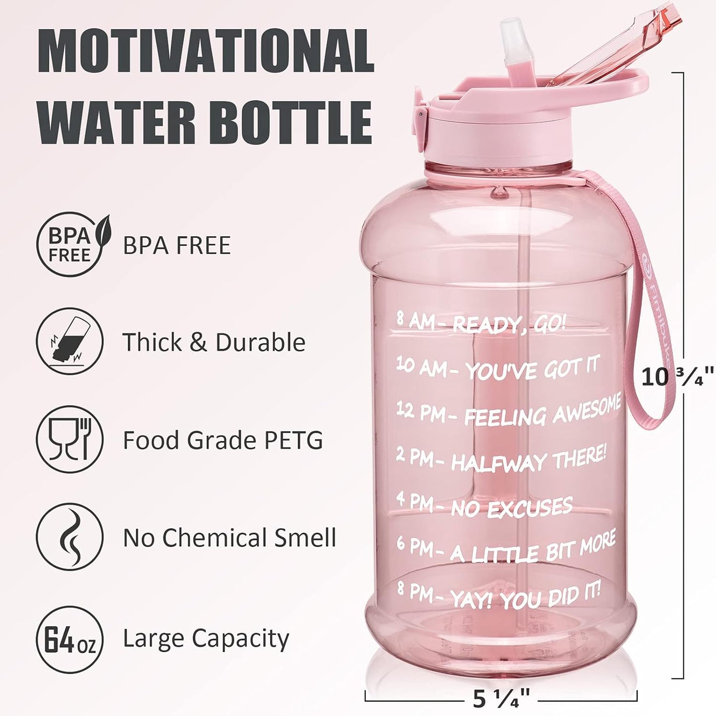 Half Gallon Water Bottle with Sleeve 64 OZ Water Bottle with Handle & Straw Leakproof Motivational Sports Gym Water Bottle with Time Marker BPA Free Water Jug with Reusable Neoprene Holder