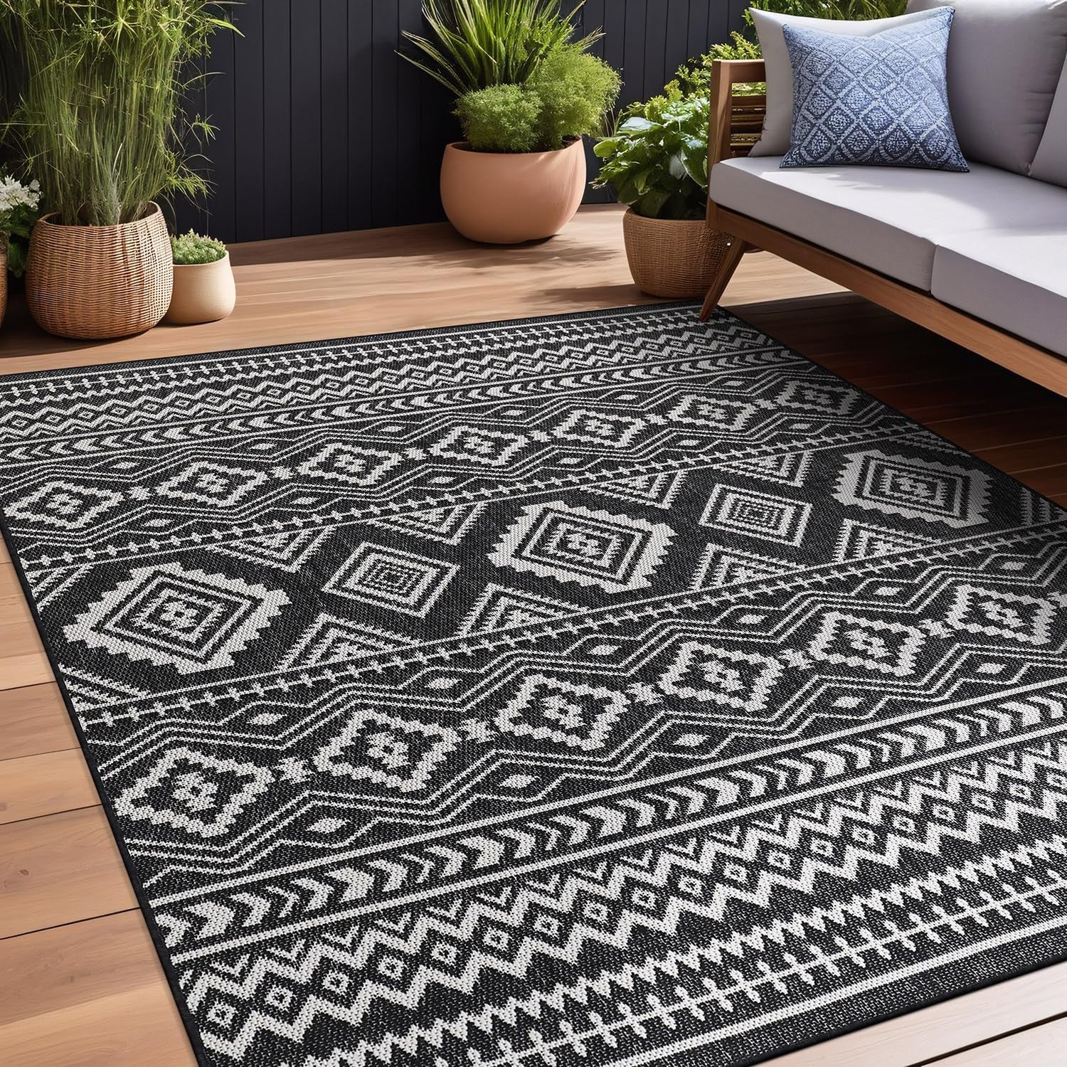 Boho Indoor Outdoor Rug Bohemian Outdoor Rug Farmhouse Rugs for Living Room Moroccan Rug Easy Clean Geometric Rug Trellis Rug Outdoor Carpet Area Rug 5X7 for Patio, Backyard Black / White