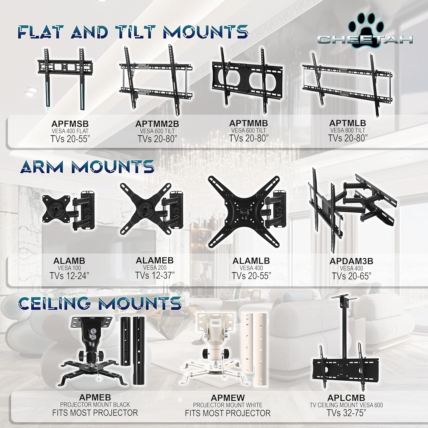 APTMM2B TV Wall Mount for 20-80" Tvs (Some up to 90”) up to VESA 600 and 165Lbs, and Fits 16” and 24” Wall Studs, and Includes a Tilt TV Bracket, a 10' Twisted Veins HDMI Cable and a 6" 3-Axis