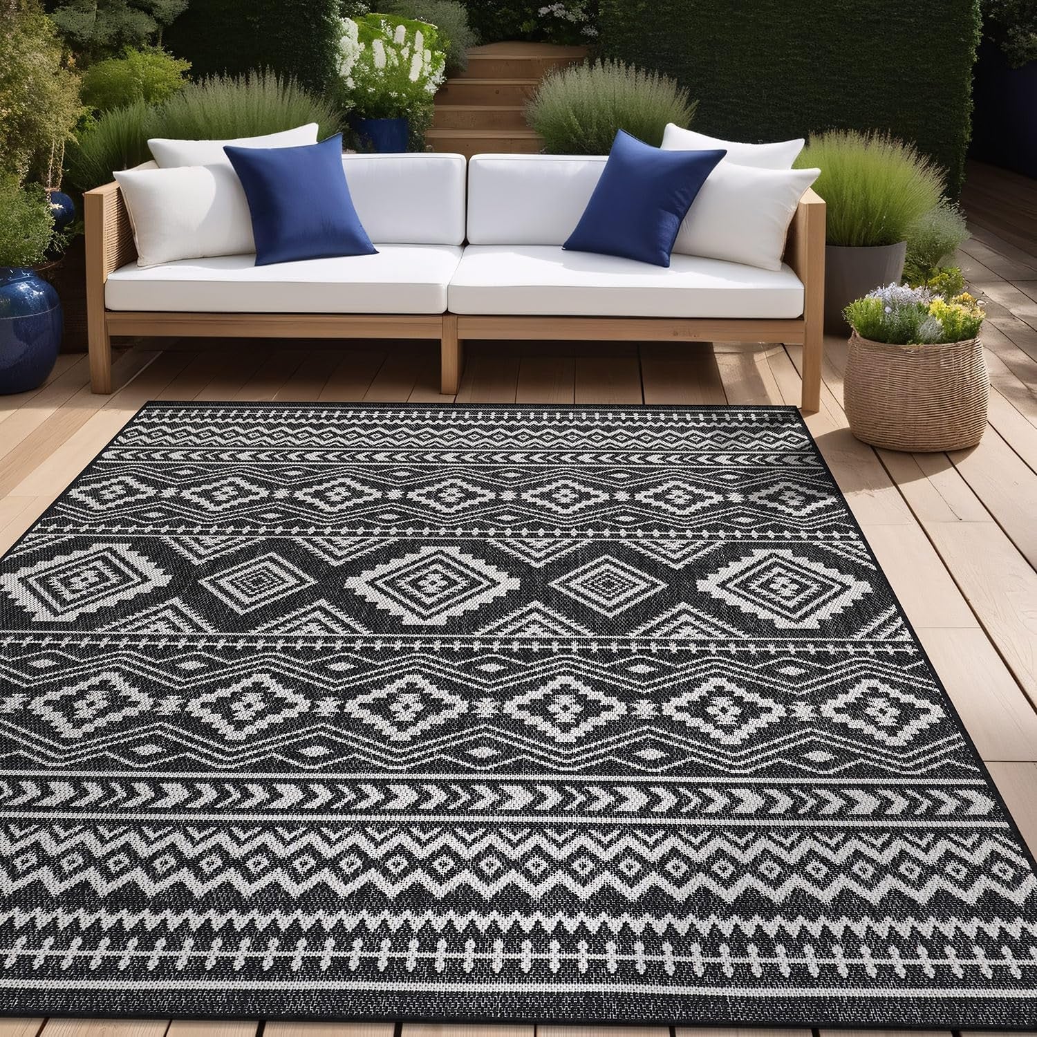 Boho Indoor Outdoor Rug Bohemian Outdoor Rug Farmhouse Rugs for Living Room Moroccan Rug Easy Clean Geometric Rug Trellis Rug Outdoor Carpet Area Rug 5X7 for Patio, Backyard Black / White