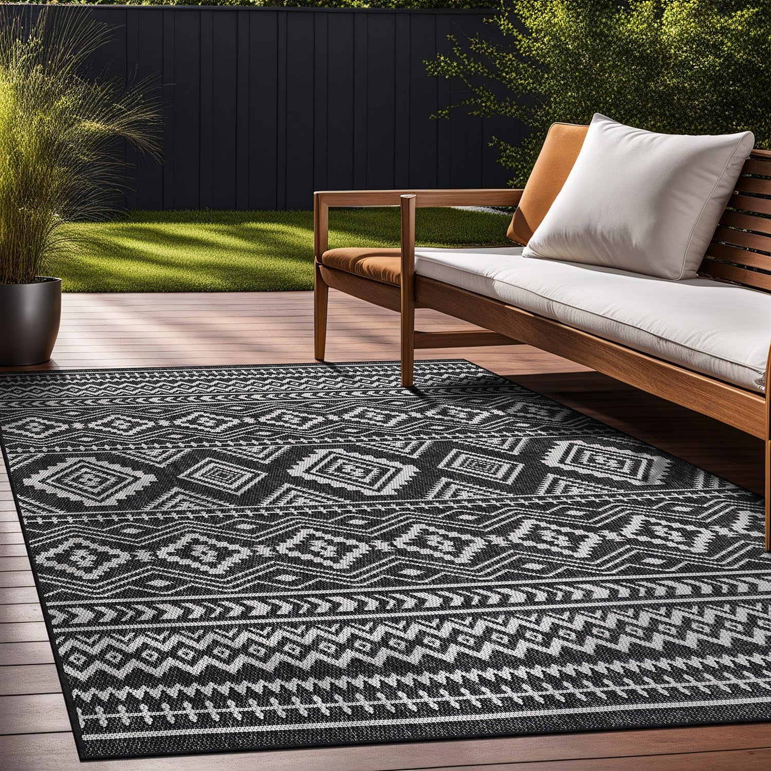 Boho Indoor Outdoor Rug Bohemian Outdoor Rug Farmhouse Rugs for Living Room Moroccan Rug Easy Clean Geometric Rug Trellis Rug Outdoor Carpet Area Rug 5X7 for Patio, Backyard Black / White