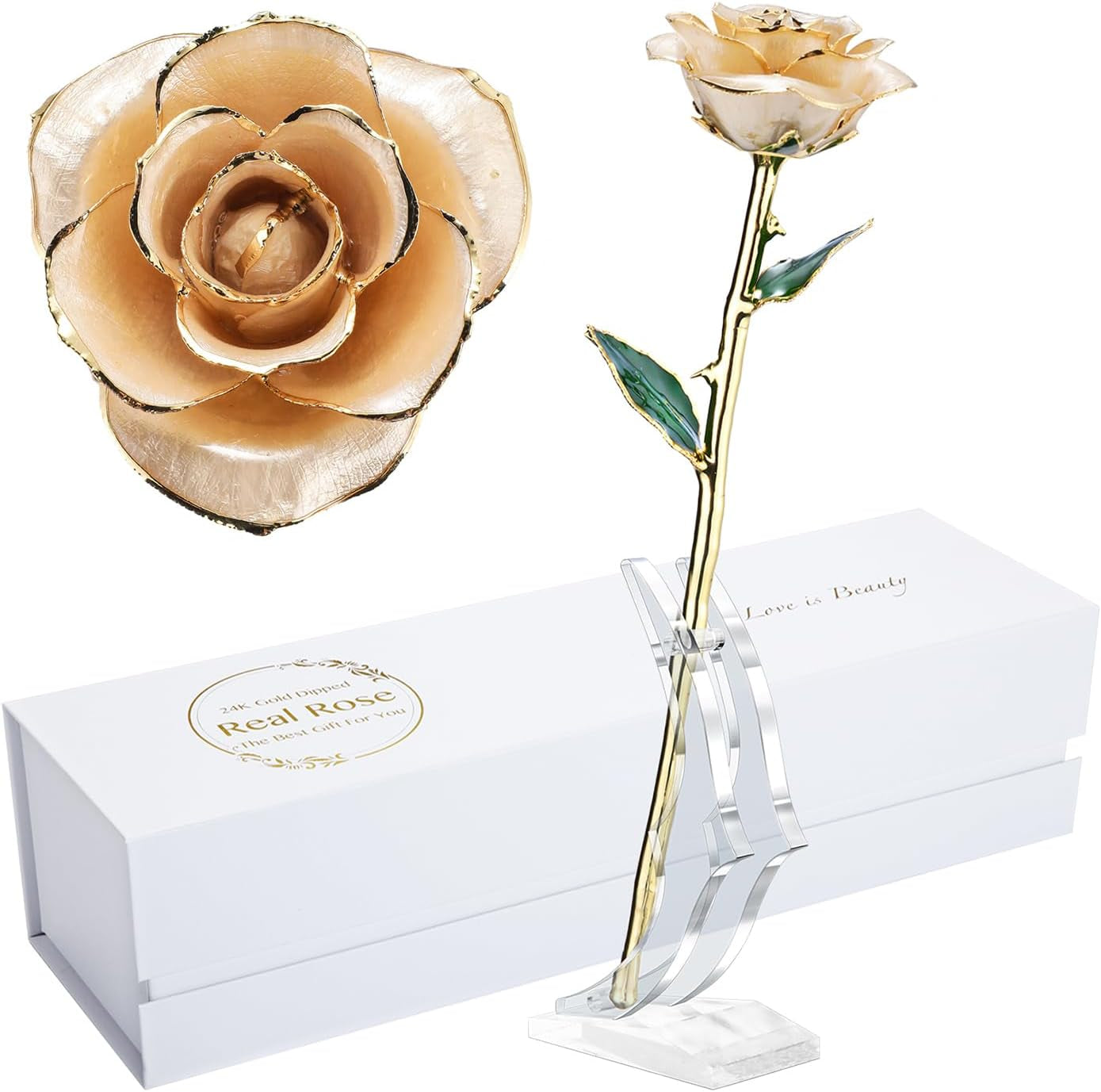 24K Gold Dipped Rose, Gold Dipped Rose Made from Real Rose Best Gifts for Her and Great Gifts for My Love, Ivory with Stand