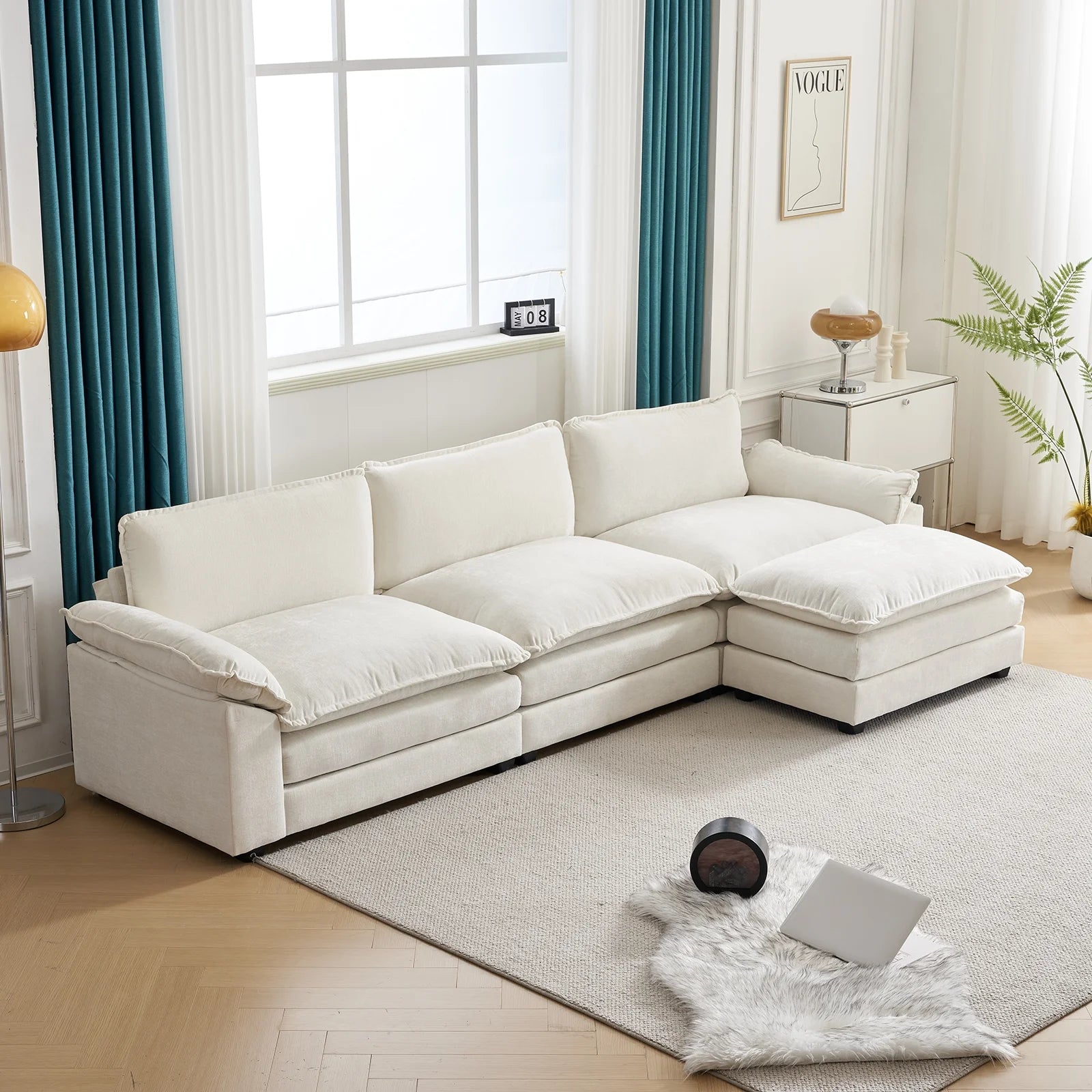 Sectional Sofa L Shaped Couch with Chaise Living Room Sleeper Set, 3 Seats with Chenille and Double Layer Cushions 120" W Beige