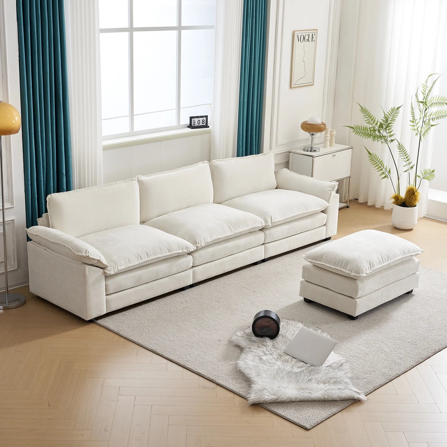 Sectional Sofa L Shaped Couch with Chaise Living Room Sleeper Set, 3 Seats with Chenille and Double Layer Cushions 120" W Beige