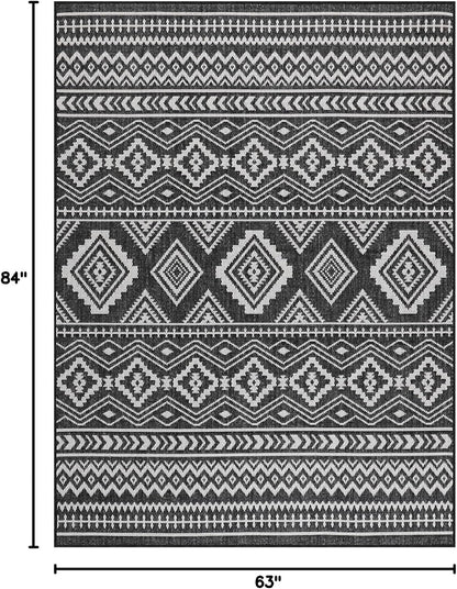 Boho Indoor Outdoor Rug Bohemian Outdoor Rug Farmhouse Rugs for Living Room Moroccan Rug Easy Clean Geometric Rug Trellis Rug Outdoor Carpet Area Rug 5X7 for Patio, Backyard Black / White