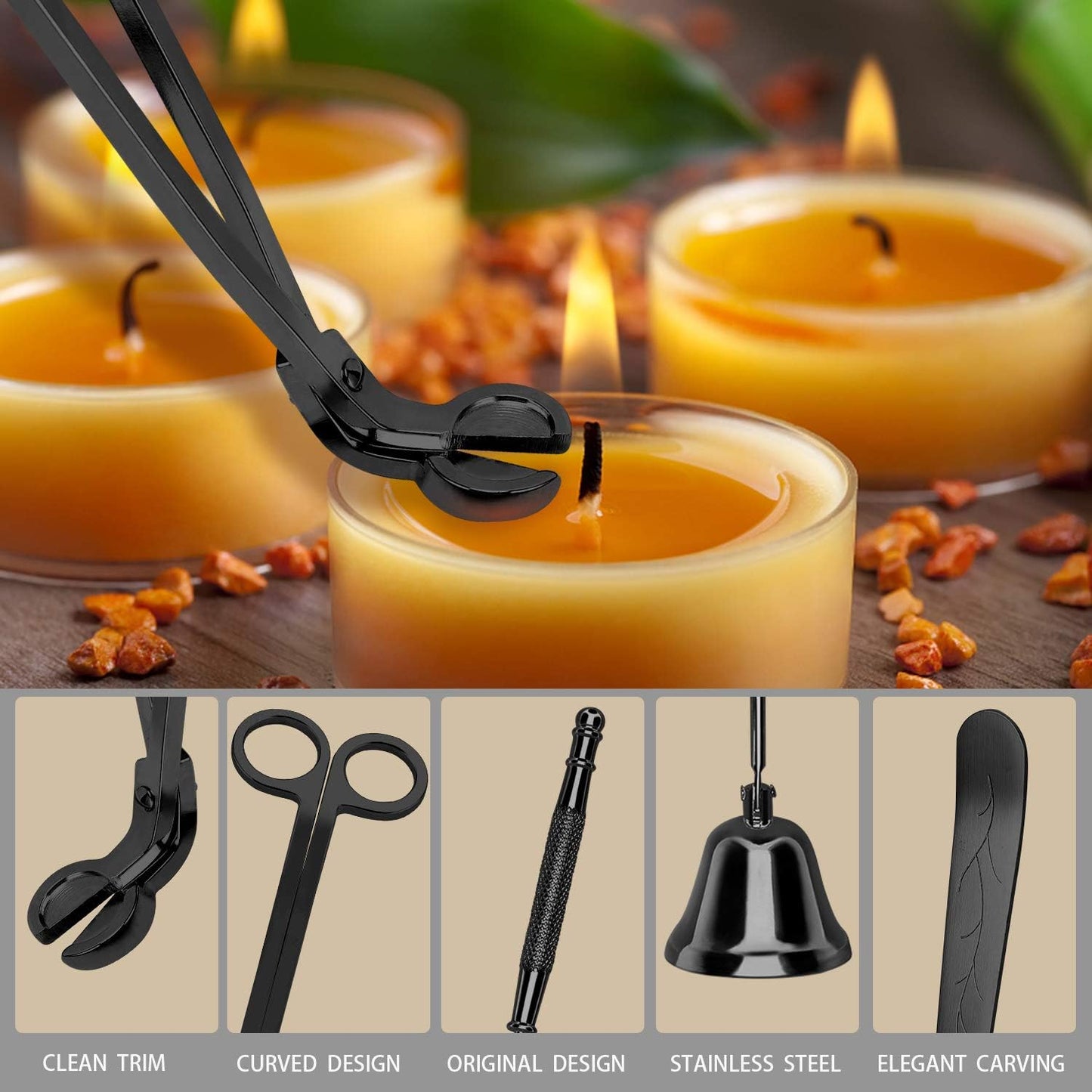 3 in 1 Candle Accessory Set - Candle Wick Trimmer, Candle Wick Cutter, Candle Snuffer Extinguisher, Candle Wick Dipper with Gift Package for Candle Lovers (Black)