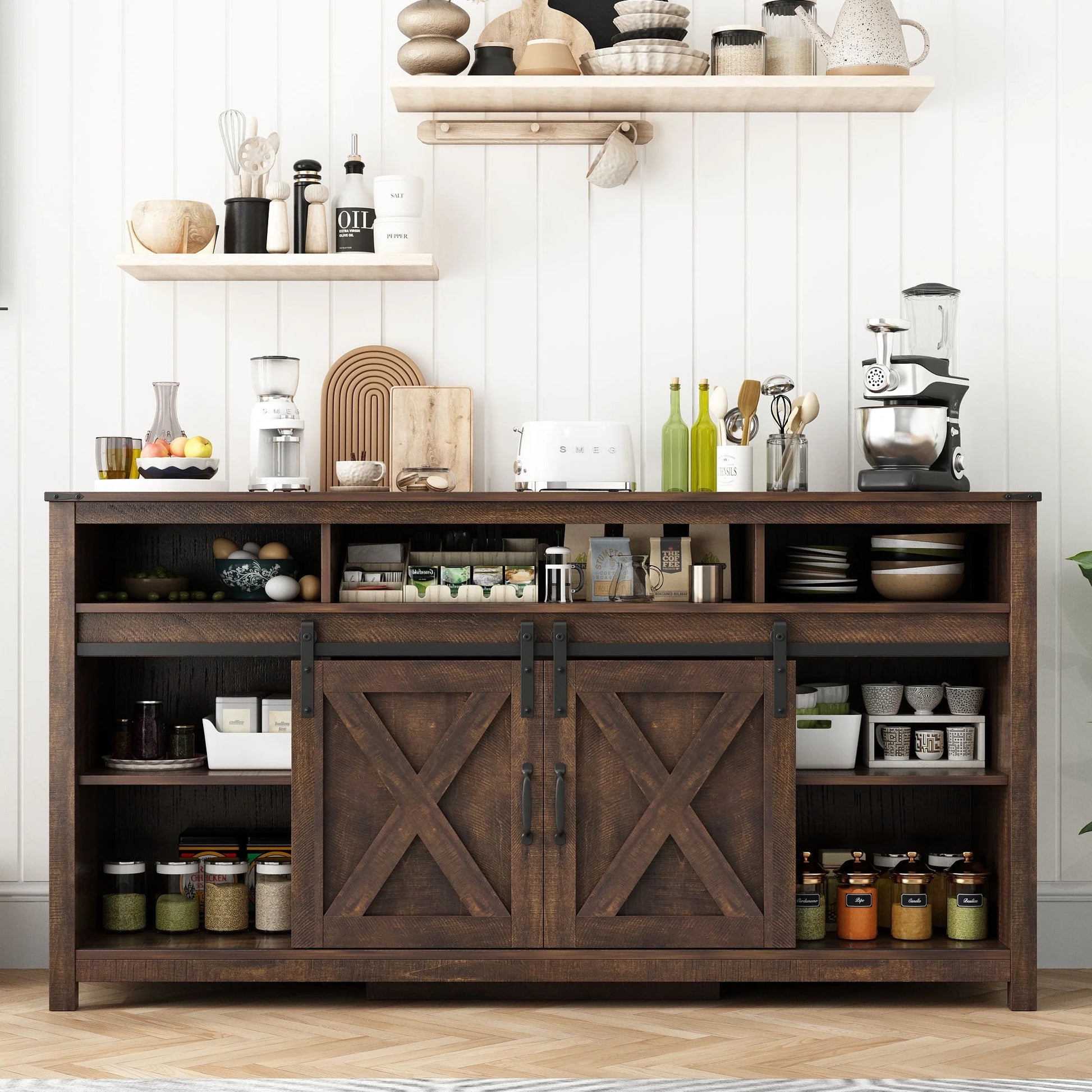 61.5" Farmhouse Coffee Bar Cabinet with LED Light & Power Outlets, Barn Door Sideboard Buffet Cabinet with 4 Tier Storage