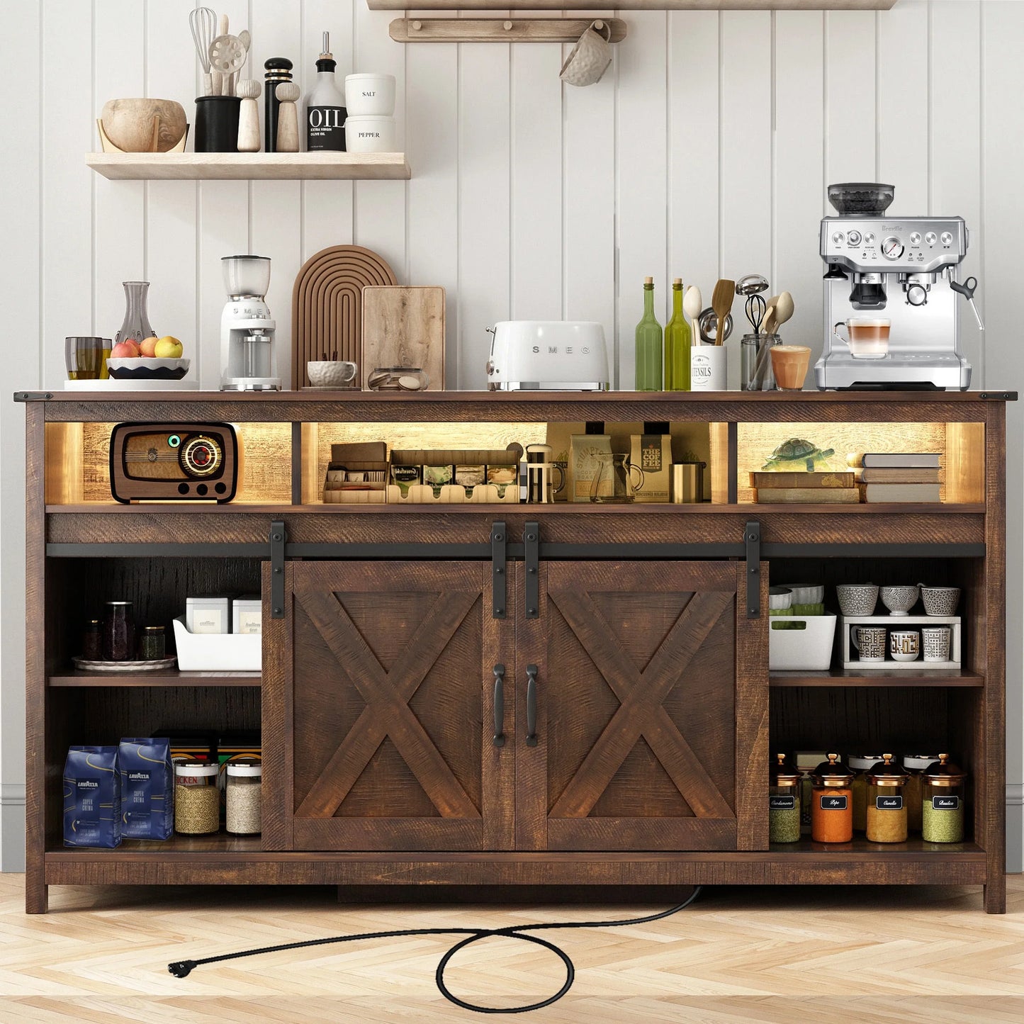 61.5" Farmhouse Coffee Bar Cabinet with LED Light & Power Outlets, Barn Door Sideboard Buffet Cabinet with 4 Tier Storage