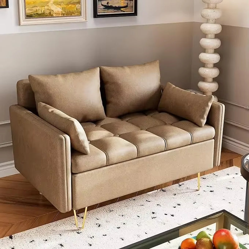 Faux Leather Love Seats Couch, Modern Design with Button Tufted and Gold Metal Leg, Lift-Up Storage Box, Thickened Cushion Sofa