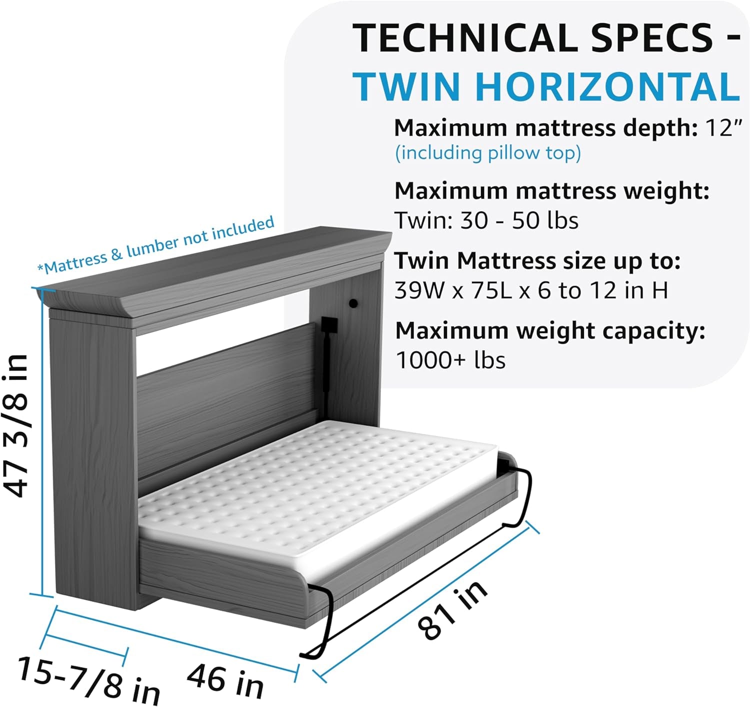 Twin Size Deluxe Murphy Bed Kit, Horizontal