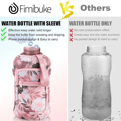 Half Gallon Water Bottle with Sleeve 64 OZ Water Bottle with Handle & Straw Leakproof Motivational Sports Gym Water Bottle with Time Marker BPA Free Water Jug with Reusable Neoprene Holder