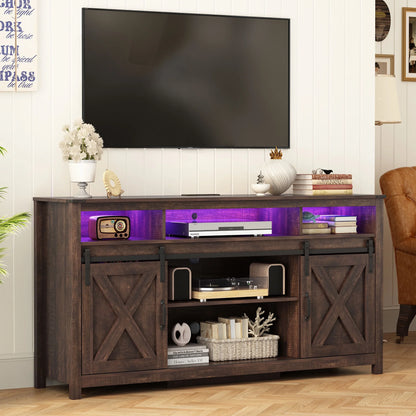 61.5" Farmhouse Coffee Bar Cabinet with LED Light & Power Outlets, Barn Door Sideboard Buffet Cabinet with 4 Tier Storage