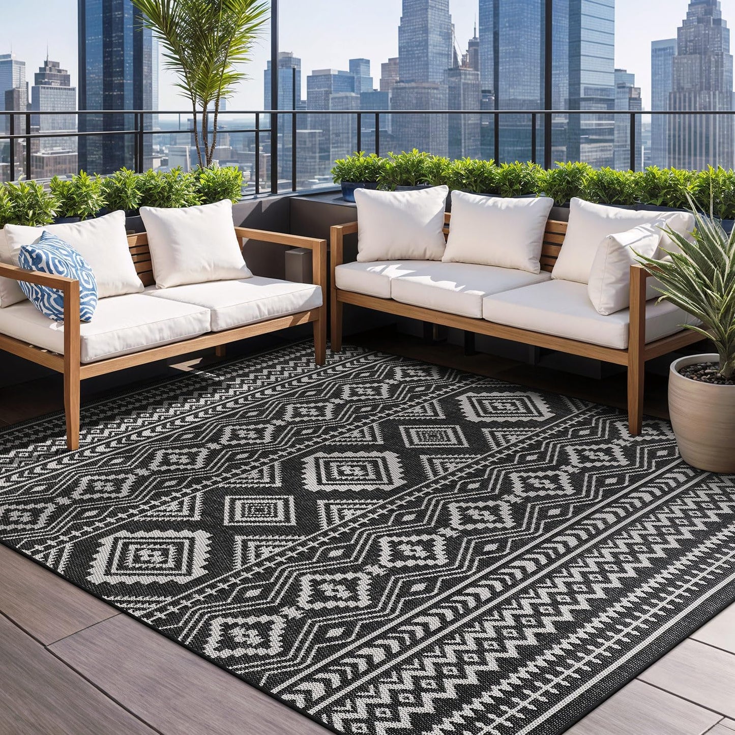 Boho Indoor Outdoor Rug Bohemian Outdoor Rug Farmhouse Rugs for Living Room Moroccan Rug Easy Clean Geometric Rug Trellis Rug Outdoor Carpet Area Rug 5X7 for Patio, Backyard Black / White